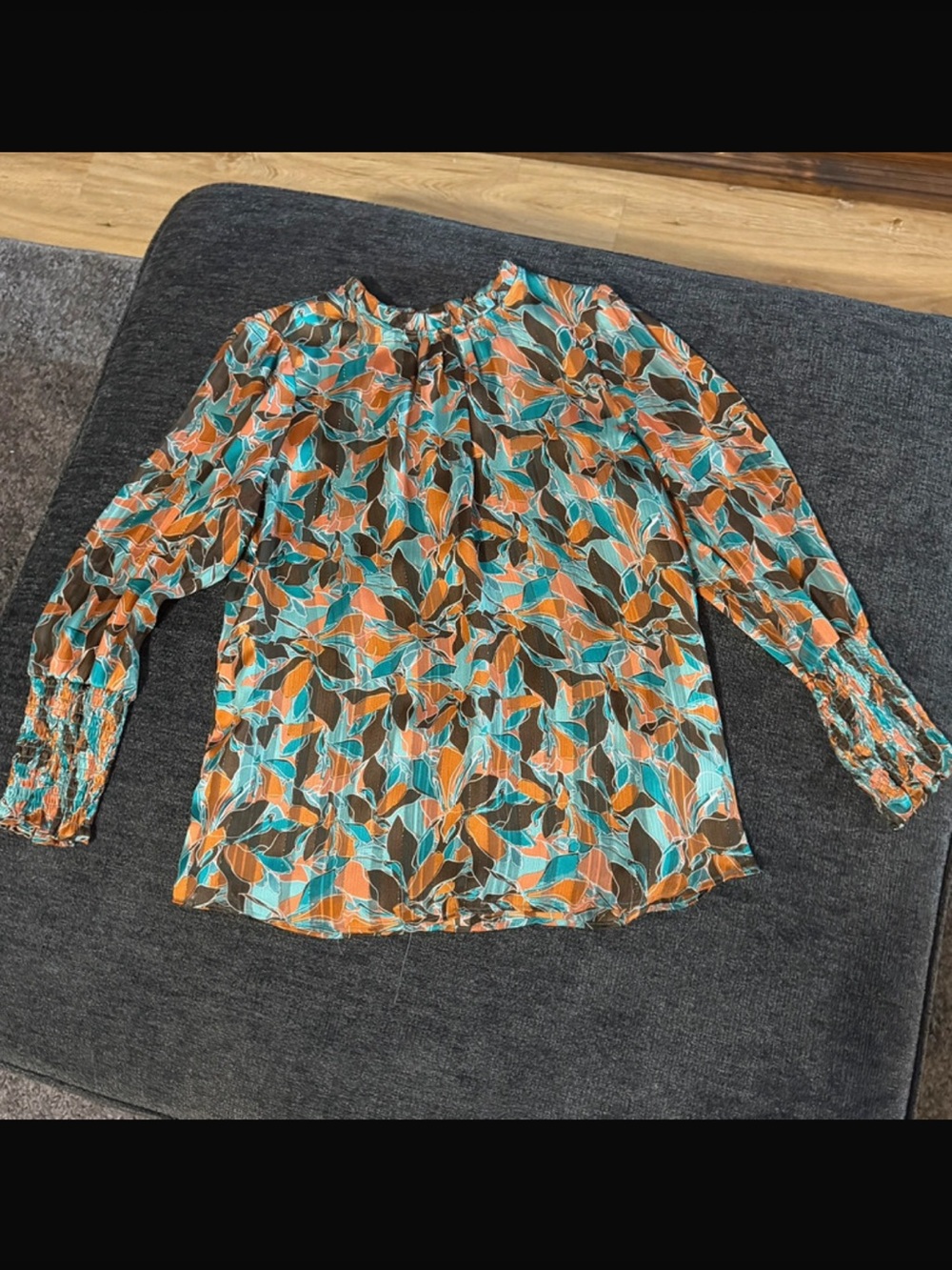 Leaf-Print Long Sleeve Blouse in Teal, Orange & Brown
